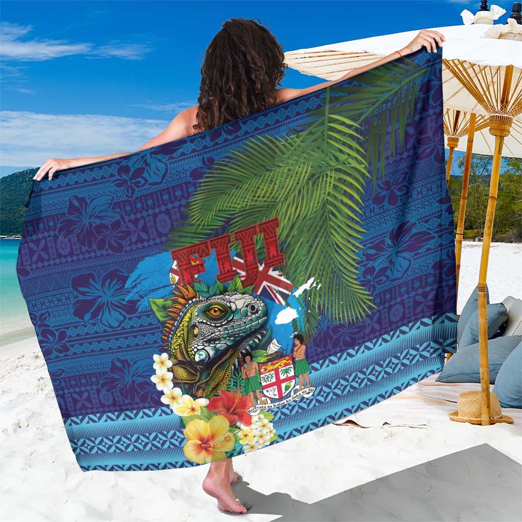 Fiji Iguana-Coat of Arms Sarong with Hibiscus and Plumeria Palm Tree Tapa Art LT03 One Size 44 x 66 inches Blue - Polynesian Pride
