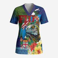 Fiji Iguana-Coat of Arms Scrub Top with Hibiscus and Plumeria Palm Tree Tapa Art LT03 Adult Blue - Polynesian Pride