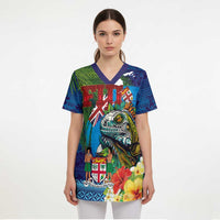 Fiji Iguana-Coat of Arms Scrub Top with Hibiscus and Plumeria Palm Tree Tapa Art LT03 - Polynesian Pride