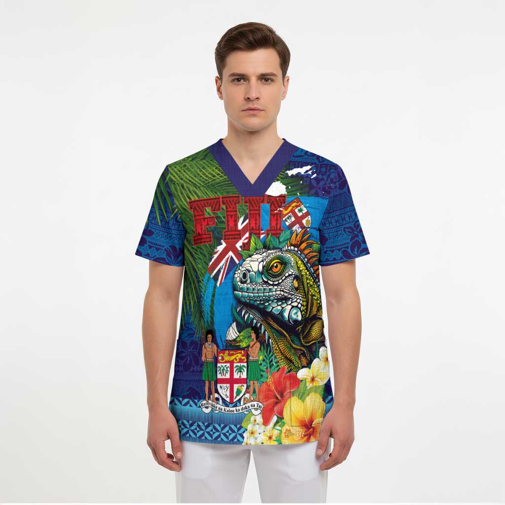 Fiji Iguana-Coat of Arms Scrub Top with Hibiscus and Plumeria Palm Tree Tapa Art LT03 - Polynesian Pride