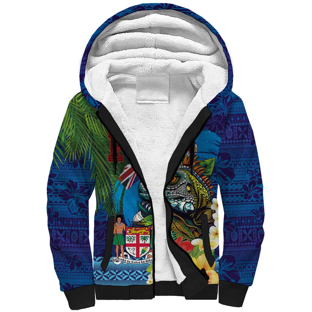 Fiji Iguana-Coat of Arms Sherpa Hoodie with Hibiscus and Plumeria Palm Tree Tapa Art LT03 Unisex Blue - Polynesian Pride