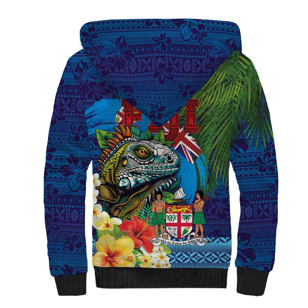 Fiji Iguana-Coat of Arms Sherpa Hoodie with Hibiscus and Plumeria Palm Tree Tapa Art LT03 - Polynesian Pride