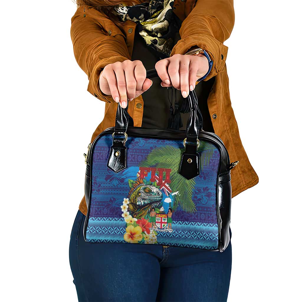 Fiji Iguana-Coat of Arms Shoulder Handbag with Hibiscus and Plumeria Palm Tree Tapa Art LT03 One Size Blue - Polynesian Pride