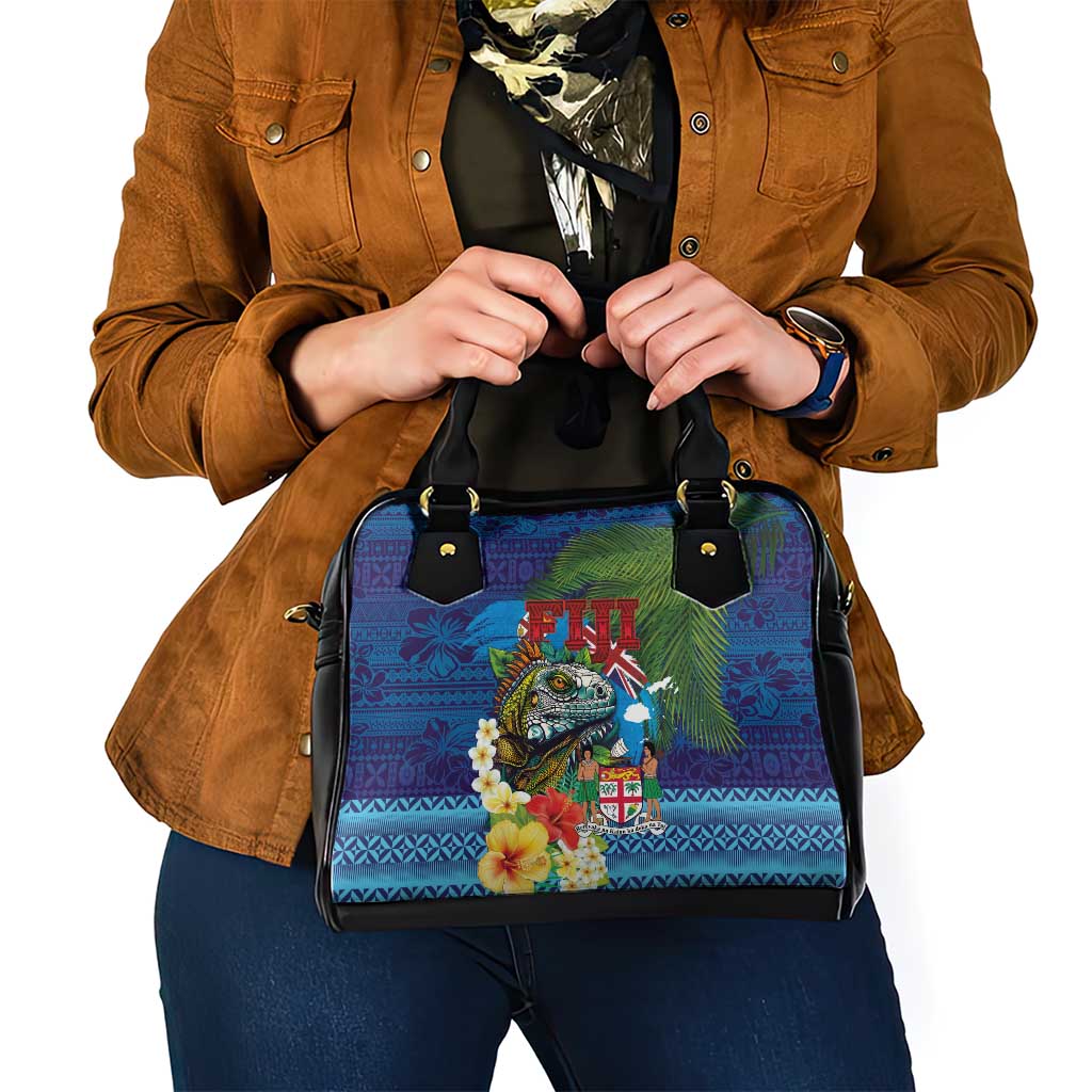 Fiji Iguana-Coat of Arms Shoulder Handbag with Hibiscus and Plumeria Palm Tree Tapa Art LT03 - Polynesian Pride