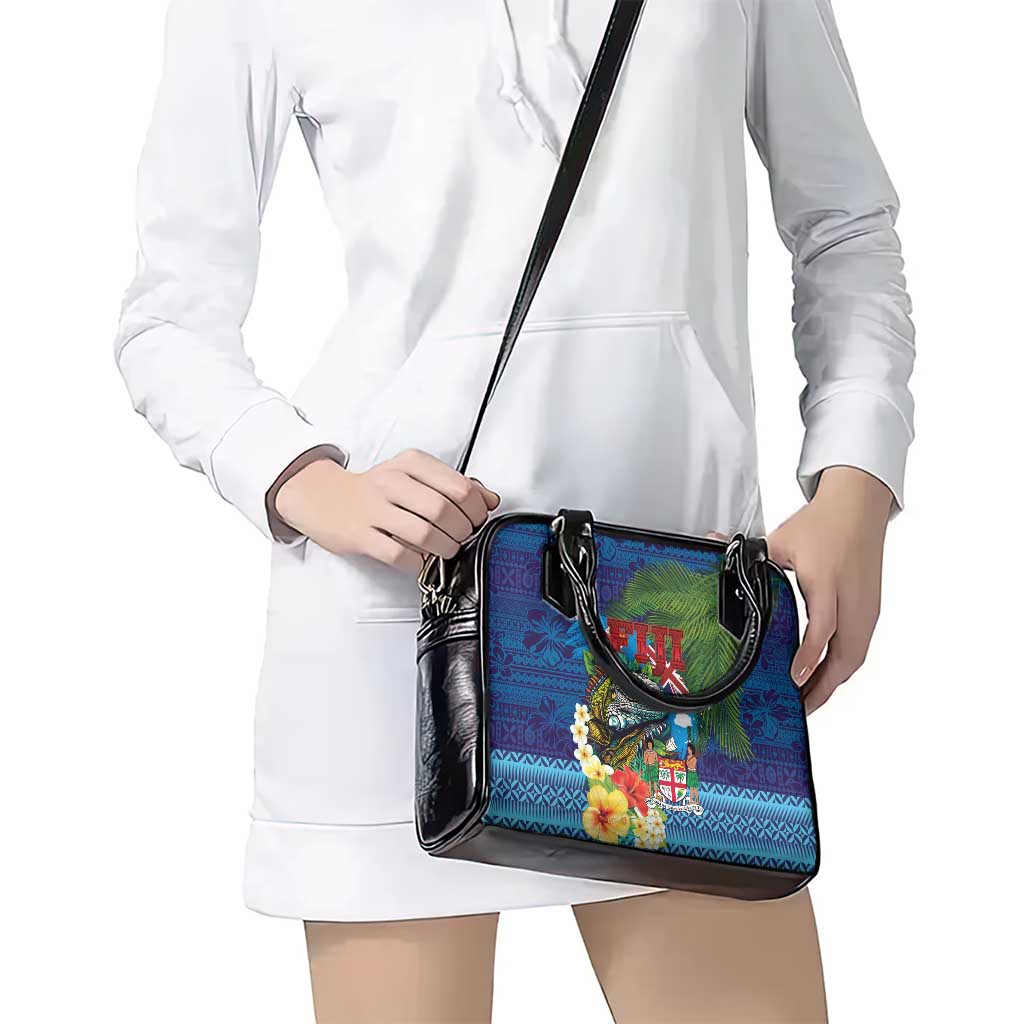 Fiji Iguana-Coat of Arms Shoulder Handbag with Hibiscus and Plumeria Palm Tree Tapa Art LT03 - Polynesian Pride