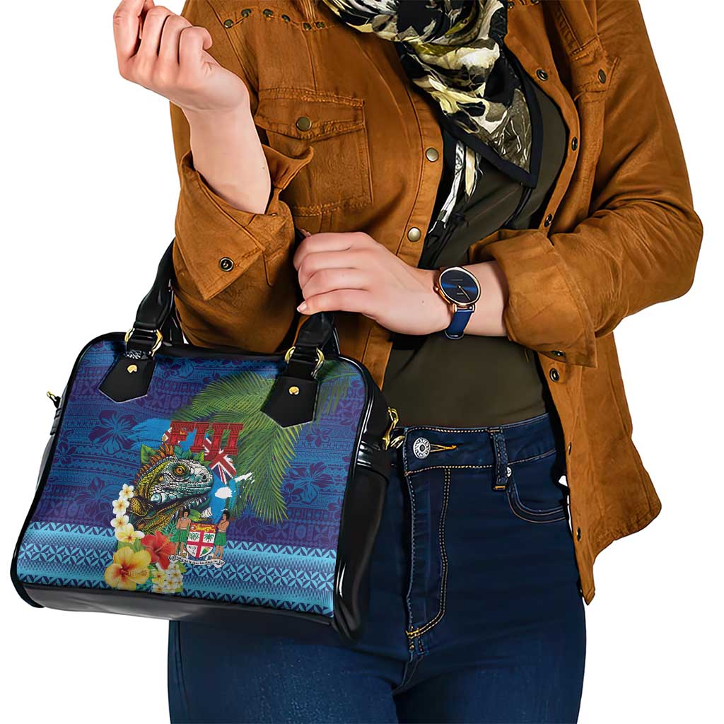 Fiji Iguana-Coat of Arms Shoulder Handbag with Hibiscus and Plumeria Palm Tree Tapa Art LT03 - Polynesian Pride