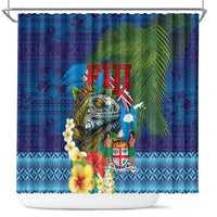 Fiji Iguana-Coat of Arms Shower Curtain with Hibiscus and Plumeria Palm Tree Tapa Art LT03 Blue - Polynesian Pride