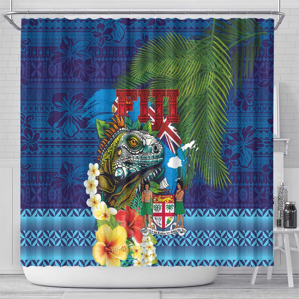 Fiji Iguana-Coat of Arms Shower Curtain with Hibiscus and Plumeria Palm Tree Tapa Art LT03 - Polynesian Pride