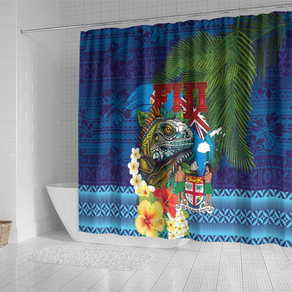 Fiji Iguana-Coat of Arms Shower Curtain with Hibiscus and Plumeria Palm Tree Tapa Art LT03 - Polynesian Pride