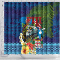 Fiji Iguana-Coat of Arms Shower Curtain with Hibiscus and Plumeria Palm Tree Tapa Art LT03 - Polynesian Pride