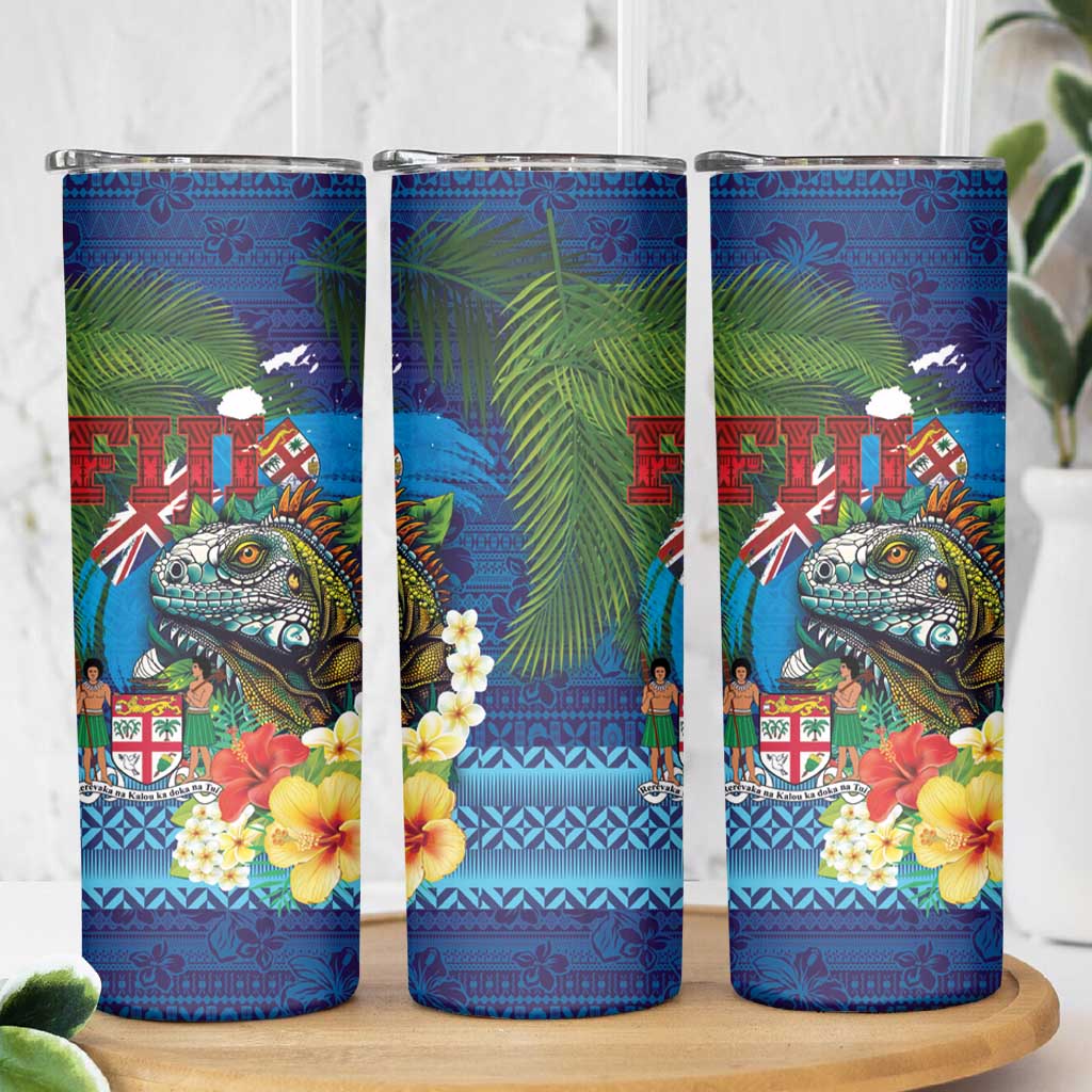 Fiji Iguana-Coat of Arms Skinny Tumbler with Hibiscus and Plumeria Palm Tree Tapa Art LT03 - Polynesian Pride