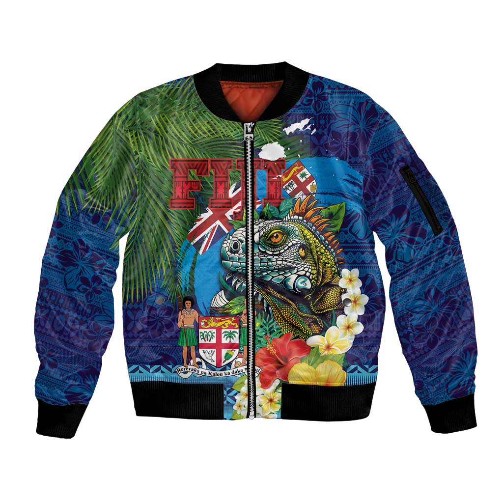 Fiji Iguana-Coat of Arms Sleeve Zip Bomber Jacket with Hibiscus and Plumeria Palm Tree Tapa Art LT03 Unisex Blue - Polynesian Pride
