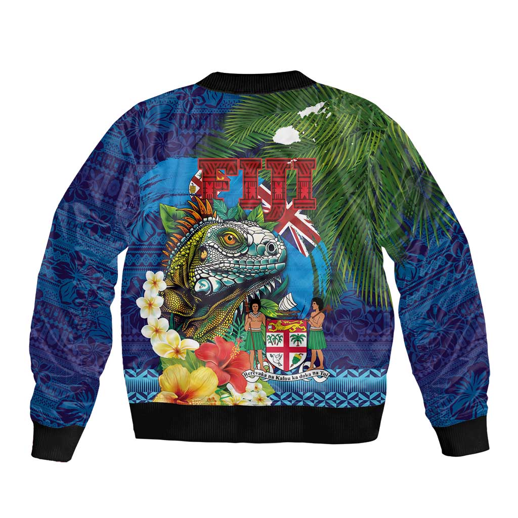 Fiji Iguana-Coat of Arms Sleeve Zip Bomber Jacket with Hibiscus and Plumeria Palm Tree Tapa Art LT03 - Polynesian Pride