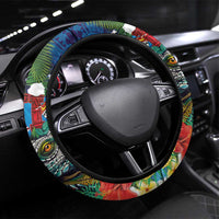 Fiji Iguana-Coat of Arms Steering Wheel Cover with Hibiscus and Plumeria Palm Tree Tapa Art LT03 Universal Fit Blue - Polynesian Pride