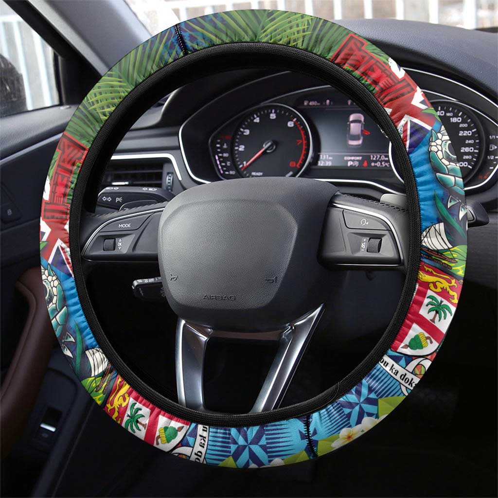 Fiji Iguana-Coat of Arms Steering Wheel Cover with Hibiscus and Plumeria Palm Tree Tapa Art LT03 - Polynesian Pride