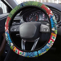 Fiji Iguana-Coat of Arms Steering Wheel Cover with Hibiscus and Plumeria Palm Tree Tapa Art LT03 - Polynesian Pride