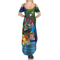Fiji Iguana-Coat of Arms Summer Maxi Dress with Hibiscus and Plumeria Palm Tree Tapa Art LT03 - Polynesian Pride