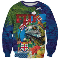 Fiji Iguana-Coat of Arms Sweatshirt with Hibiscus and Plumeria Palm Tree Tapa Art LT03 Unisex Blue - Polynesian Pride