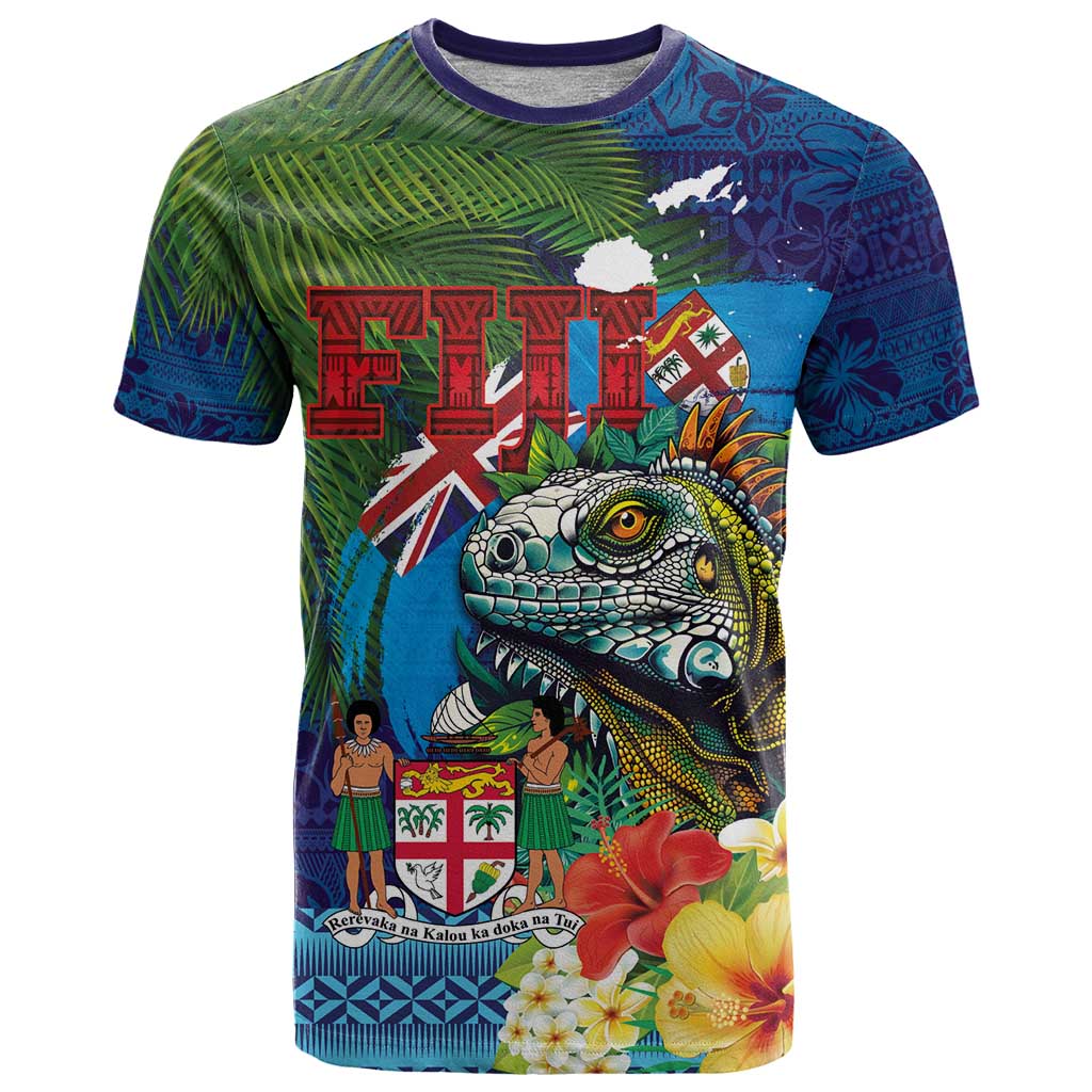 Fiji Iguana-Coat of Arms T Shirt with Hibiscus and Plumeria Palm Tree Tapa Art LT03 Blue - Polynesian Pride