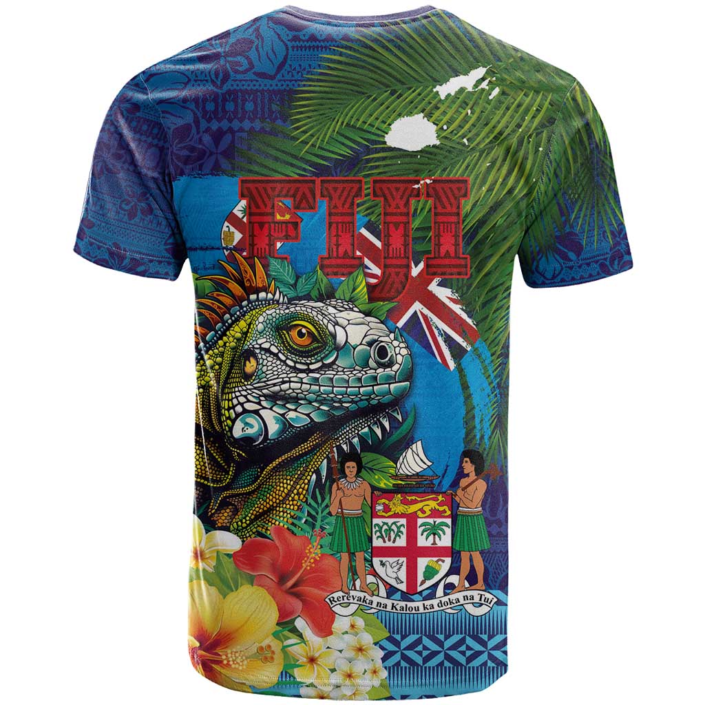 Fiji Iguana-Coat of Arms T Shirt with Hibiscus and Plumeria Palm Tree Tapa Art LT03 - Polynesian Pride