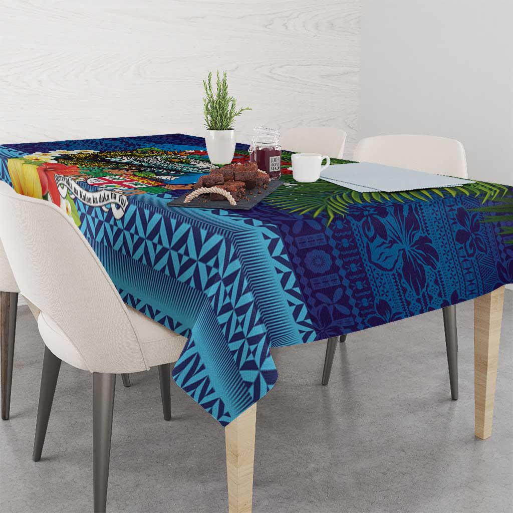 Fiji Iguana-Coat of Arms Tablecloth with Hibiscus and Plumeria Palm Tree Tapa Art
