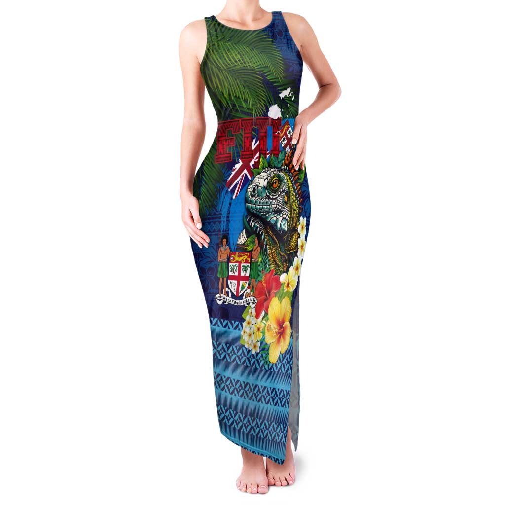 Fiji Iguana-Coat of Arms Tank Maxi Dress with Hibiscus and Plumeria Palm Tree Tapa Art LT03 Women Blue - Polynesian Pride