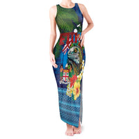 Fiji Iguana-Coat of Arms Tank Maxi Dress with Hibiscus and Plumeria Palm Tree Tapa Art LT03 Women Blue - Polynesian Pride