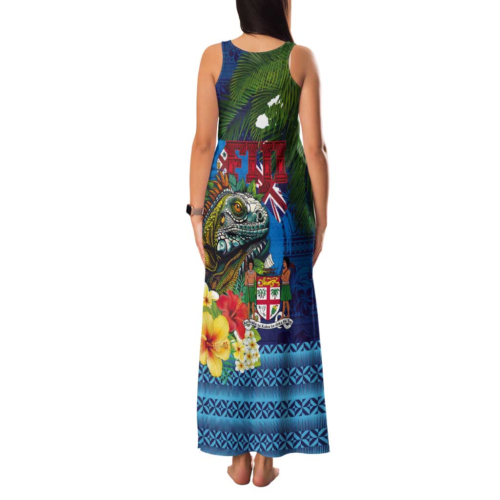Fiji Iguana-Coat of Arms Tank Maxi Dress with Hibiscus and Plumeria Palm Tree Tapa Art LT03 - Polynesian Pride