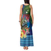 Fiji Iguana-Coat of Arms Tank Maxi Dress with Hibiscus and Plumeria Palm Tree Tapa Art LT03 - Polynesian Pride