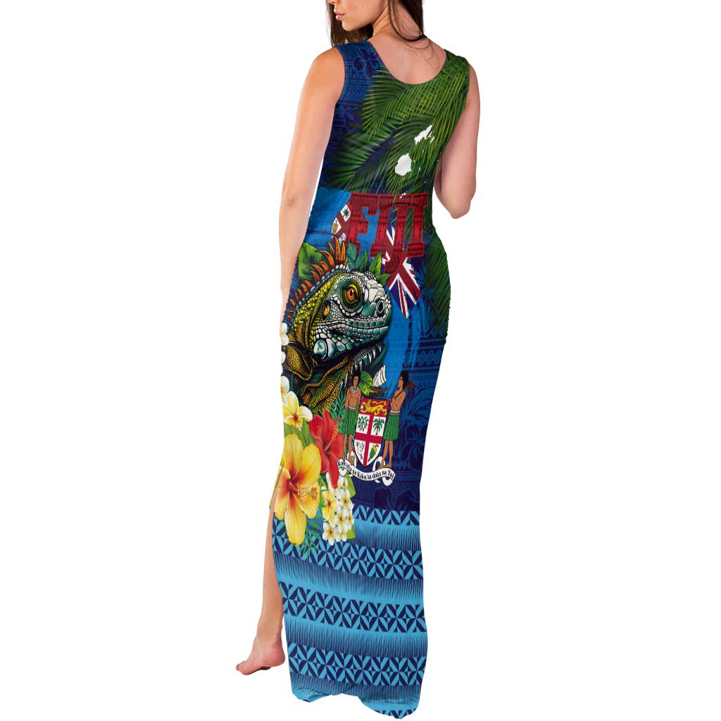 Fiji Iguana-Coat of Arms Tank Maxi Dress with Hibiscus and Plumeria Palm Tree Tapa Art LT03 - Polynesian Pride