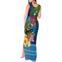 Fiji Iguana-Coat of Arms Tank Maxi Dress with Hibiscus and Plumeria Palm Tree Tapa Art LT03 - Polynesian Pride