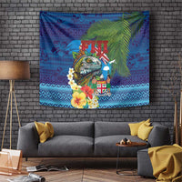 Fiji Iguana-Coat of Arms Tapestry with Hibiscus and Plumeria Palm Tree Tapa Art LT03 Blue - Polynesian Pride