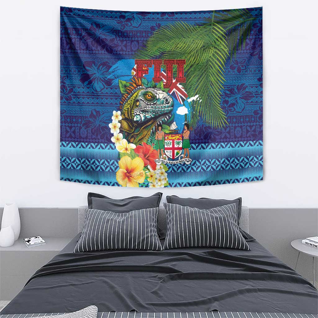 Fiji Iguana-Coat of Arms Tapestry with Hibiscus and Plumeria Palm Tree Tapa Art LT03 - Polynesian Pride