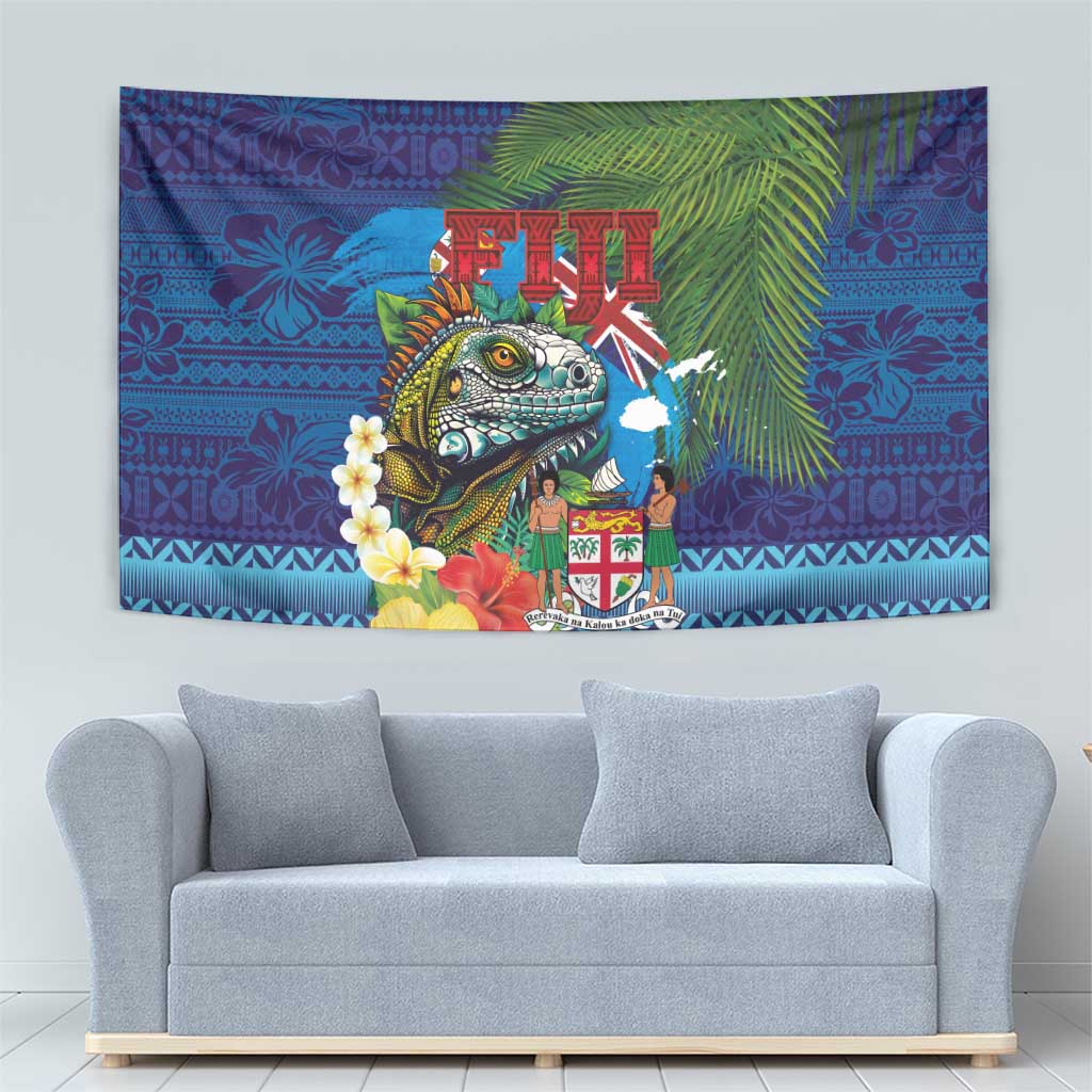 Fiji Iguana-Coat of Arms Tapestry with Hibiscus and Plumeria Palm Tree Tapa Art LT03 - Polynesian Pride