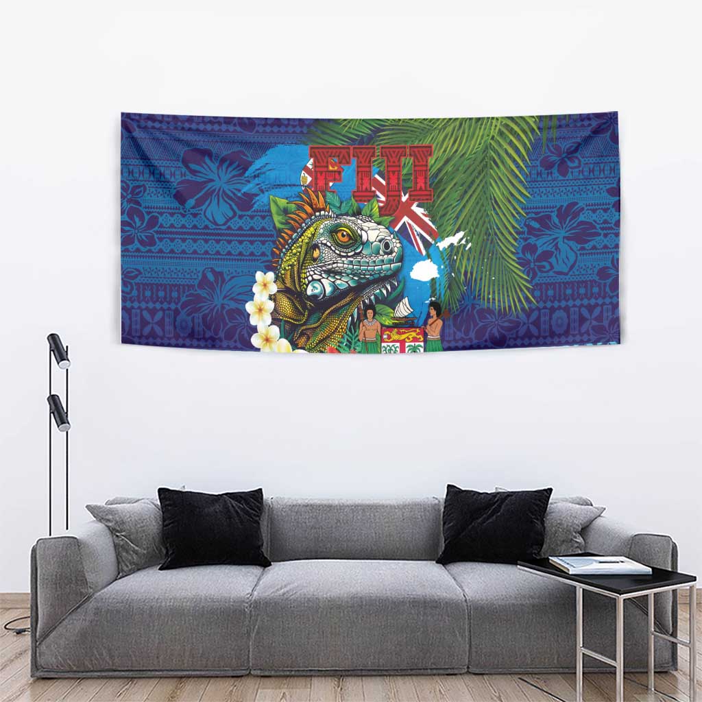 Fiji Iguana-Coat of Arms Tapestry with Hibiscus and Plumeria Palm Tree Tapa Art LT03 - Polynesian Pride