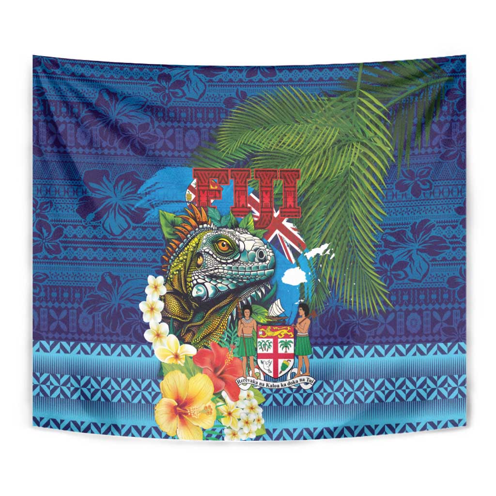 Fiji Iguana-Coat of Arms Tapestry with Hibiscus and Plumeria Palm Tree Tapa Art LT03 - Polynesian Pride