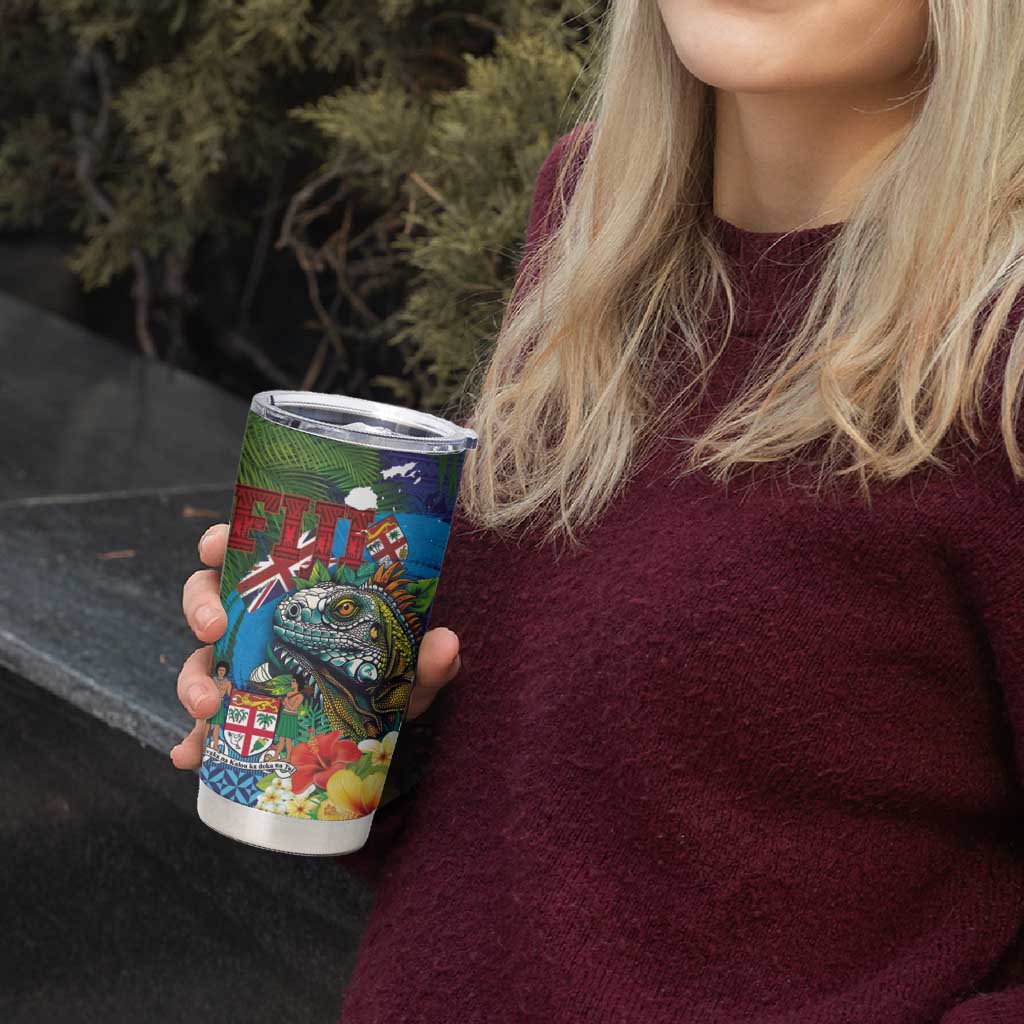 Fiji Iguana-Coat of Arms Tumbler Cup with Hibiscus and Plumeria Palm Tree Tapa Art LT03 - Polynesian Pride