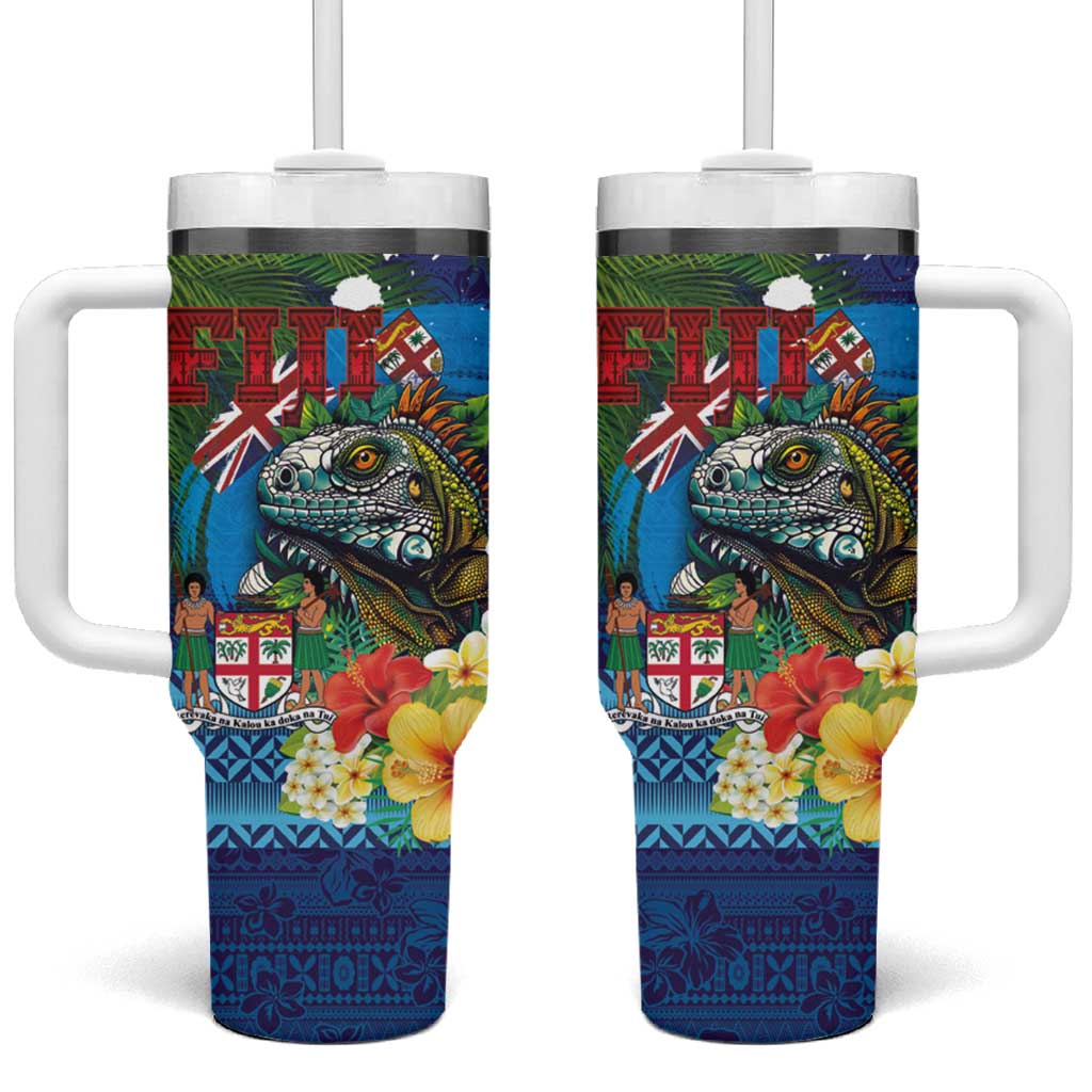 Fiji Iguana-Coat of Arms Tumbler With Handle with Hibiscus and Plumeria Palm Tree Tapa Art LT03 One Size: 40 oz Blue - Polynesian Pride