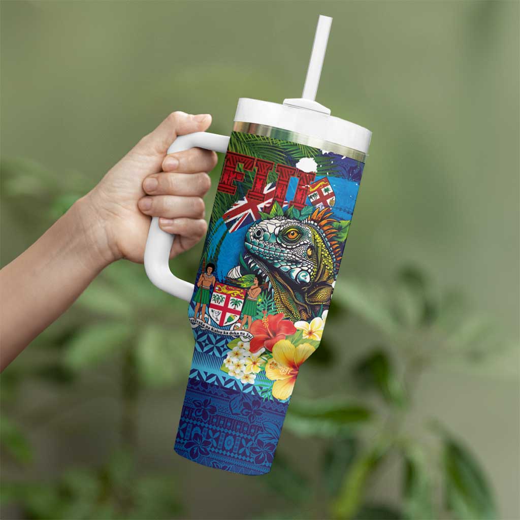 Fiji Iguana-Coat of Arms Tumbler With Handle with Hibiscus and Plumeria Palm Tree Tapa Art LT03 - Polynesian Pride