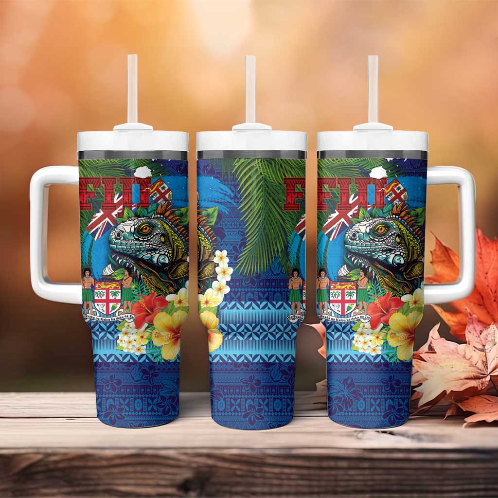 Fiji Iguana-Coat of Arms Tumbler With Handle with Hibiscus and Plumeria Palm Tree Tapa Art LT03 - Polynesian Pride