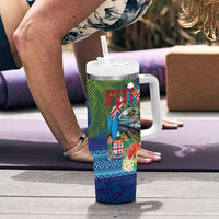 Fiji Iguana-Coat of Arms Tumbler With Handle with Hibiscus and Plumeria Palm Tree Tapa Art LT03 - Polynesian Pride