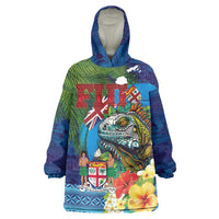 Fiji Iguana-Coat of Arms Wearable Blanket Hoodie with Hibiscus and Plumeria Palm Tree Tapa Art LT03 One Size Blue - Polynesian Pride