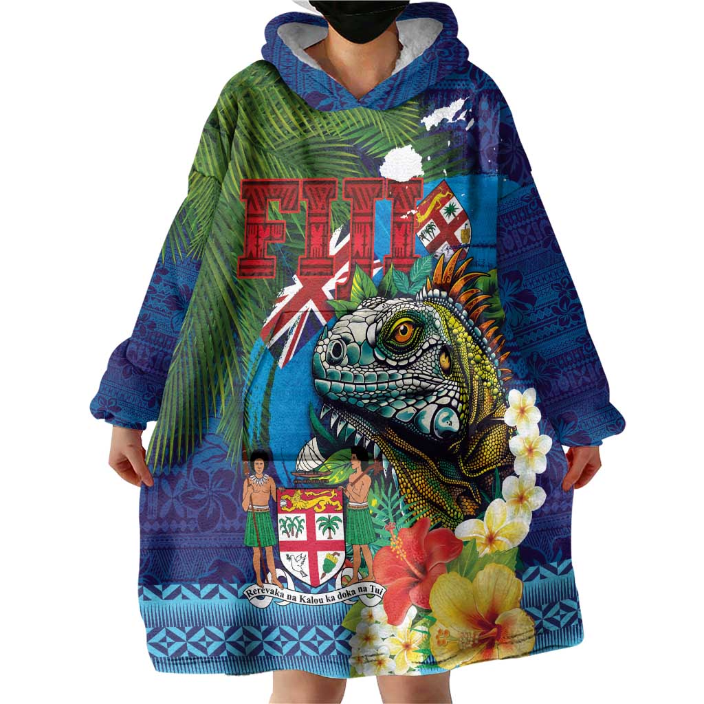 Fiji Iguana-Coat of Arms Wearable Blanket Hoodie with Hibiscus and Plumeria Palm Tree Tapa Art LT03 - Polynesian Pride