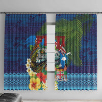 Fiji Iguana-Coat of Arms Window Curtain with Hibiscus and Plumeria Palm Tree Tapa Art LT03 With Hooks Blue - Polynesian Pride