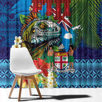 Fiji Iguana-Coat of Arms Window Curtain with Hibiscus and Plumeria Palm Tree Tapa Art LT03 - Polynesian Pride