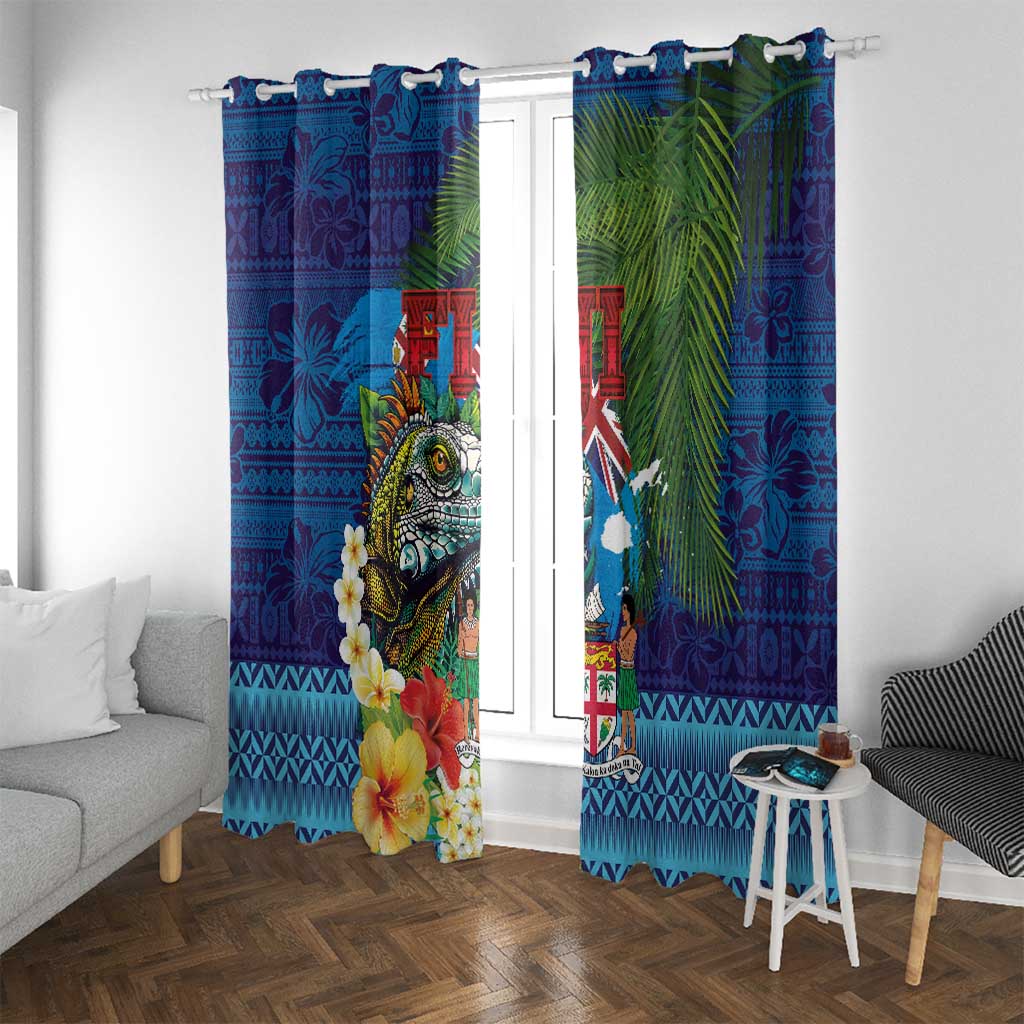 Fiji Iguana-Coat of Arms Window Curtain with Hibiscus and Plumeria Palm Tree Tapa Art LT03 With Grommets Blue - Polynesian Pride