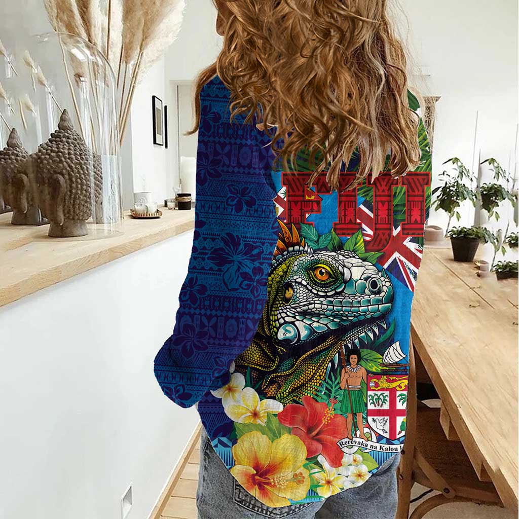 Fiji Iguana-Coat of Arms Women Casual Shirt with Hibiscus and Plumeria Palm Tree Tapa Art LT03 - Polynesian Pride