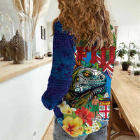 Fiji Iguana-Coat of Arms Women Casual Shirt with Hibiscus and Plumeria Palm Tree Tapa Art LT03 - Polynesian Pride