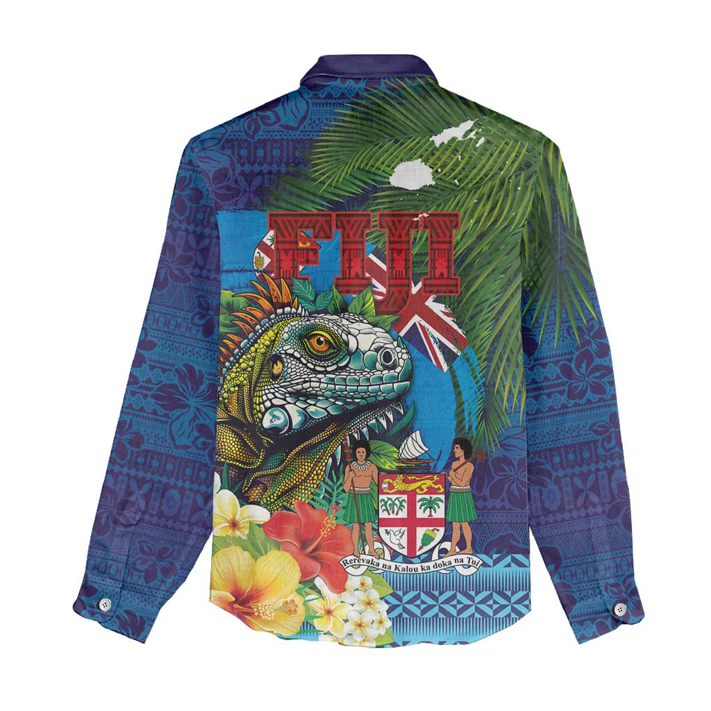 Fiji Iguana-Coat of Arms Women Casual Shirt with Hibiscus and Plumeria Palm Tree Tapa Art LT03 - Polynesian Pride