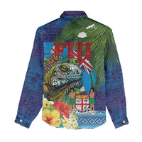 Fiji Iguana-Coat of Arms Women Casual Shirt with Hibiscus and Plumeria Palm Tree Tapa Art LT03 - Polynesian Pride